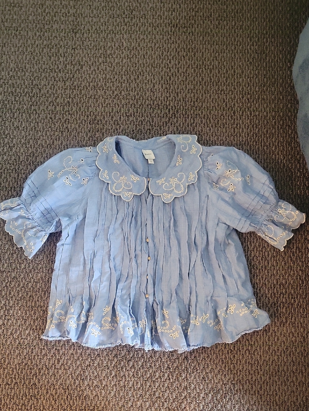 Maeve Anthroplogie Light Blue Embroidered Peasant Blouse Large